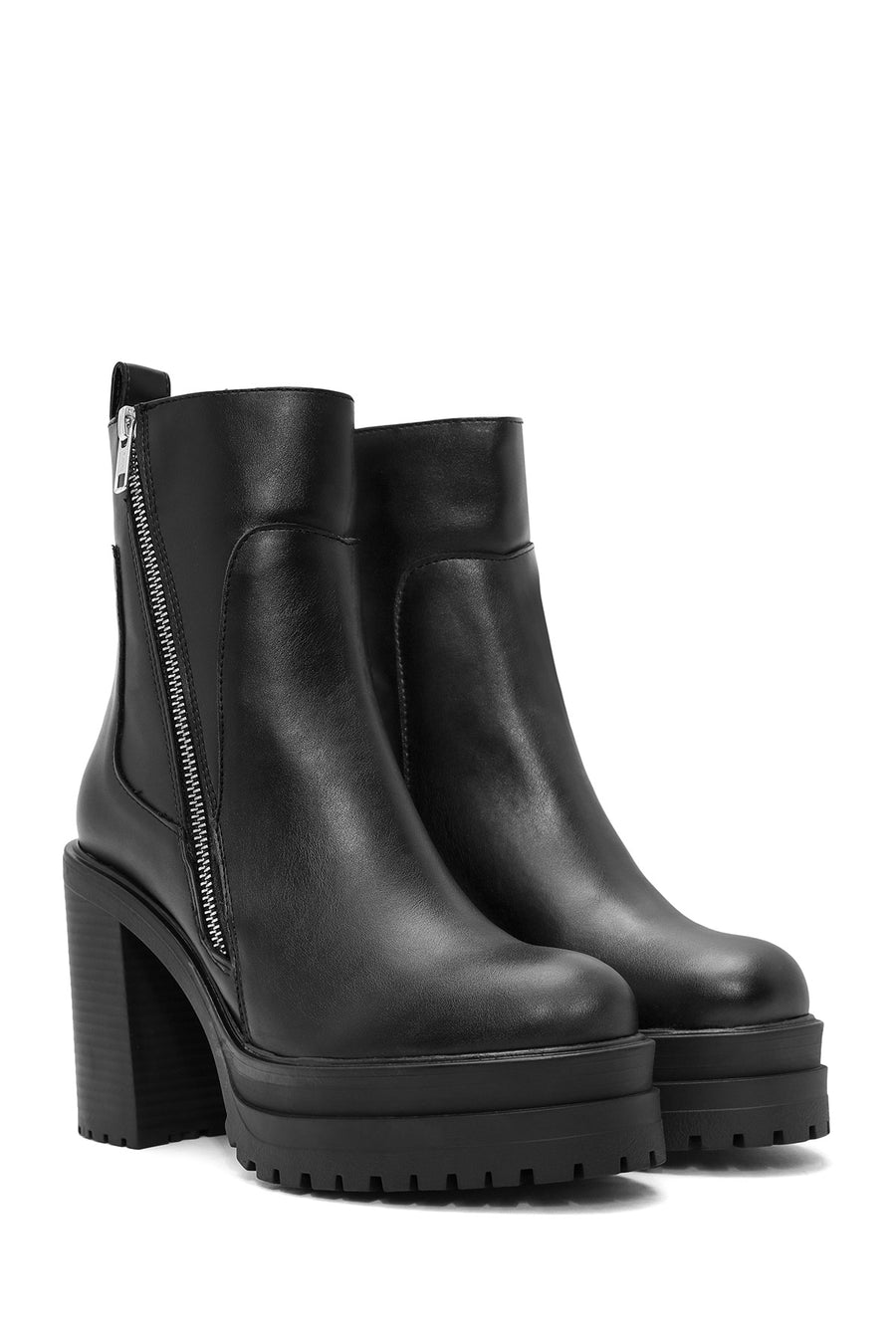 Women's Black Zipper High Thick Heel Boots