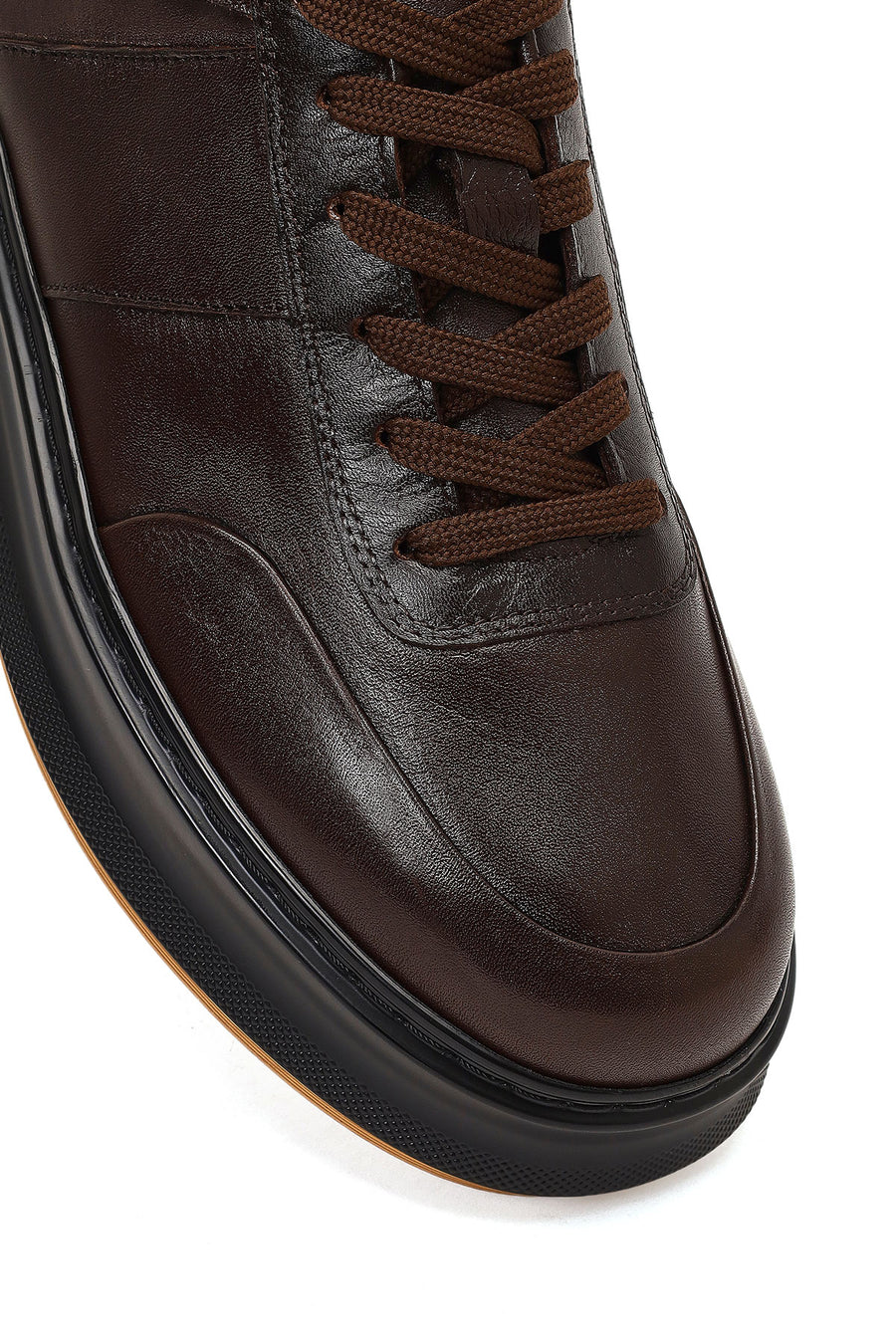Men's Brown Lace-Up Thick-Soled Leather Sneaker