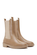 Women's Beige Leather Flat Chelsea Boots | Derimod
