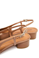 Women's Beige Open Back Short Chunky Heel Leather Ballet Flats | Derimod