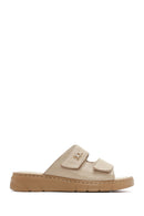 Women's Beige Double-Strap Leather Comfort Slippers | Derimod