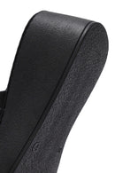 Women's Black Thick-Soled Printed Leather Comfort Slippers | Derimod