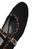 Women's Black Leopard Patterned Buckled Mesh Leather Ballerinas | Derimod