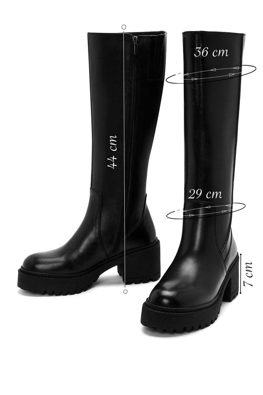 Woman Black Zip Closure Chunky Heeled Leather Boots