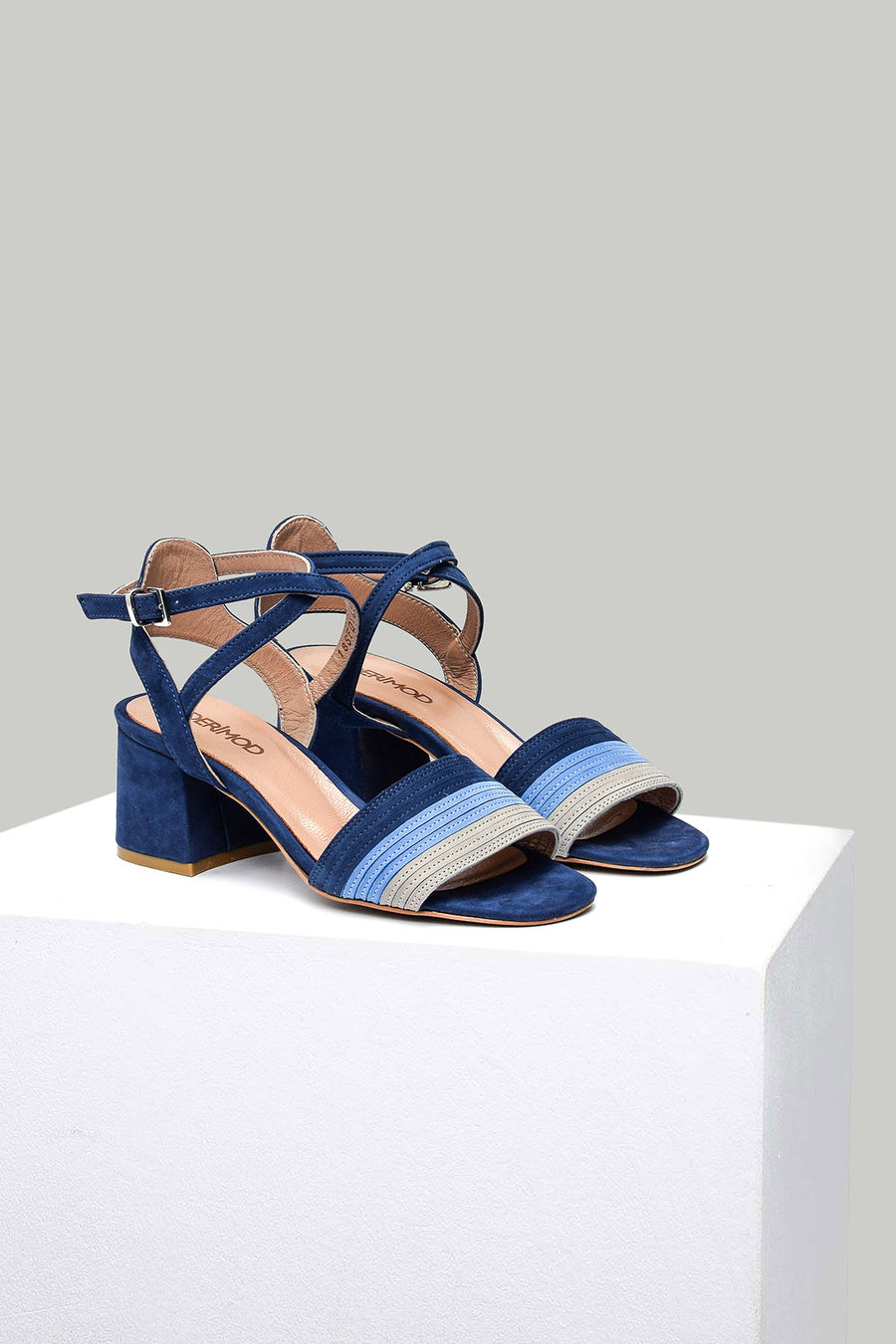 Gray - Blue Nubuck Women's Leather Heeled Sandals