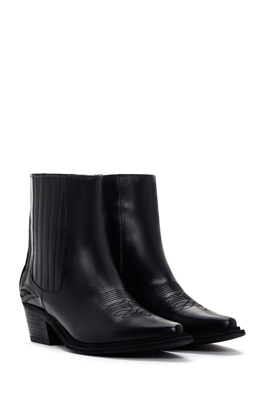 Women's Black Leather Heeled Cowboy Boots