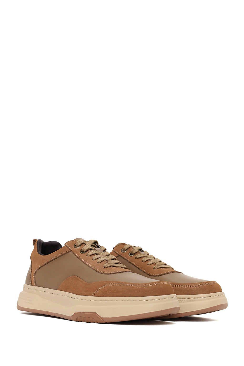 Erkek Vizon Bağcıklı Kalın Tabanlı Deri Sneaker
