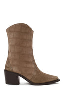 Woman Mink Print Thick-Heeled Suede Cowboy Boots | Derimod
