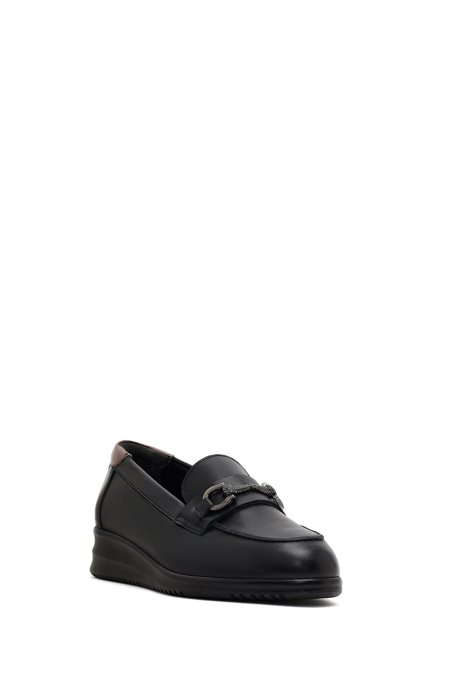 Kadın Siyah Tokalı Dolgu Topuklu Deri Comfort Loafer