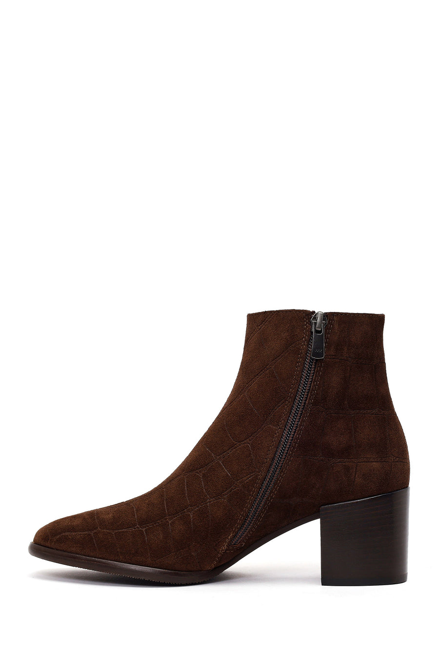 Woman Brown Zip Closure Printed Thick-Heeled Suede Boots