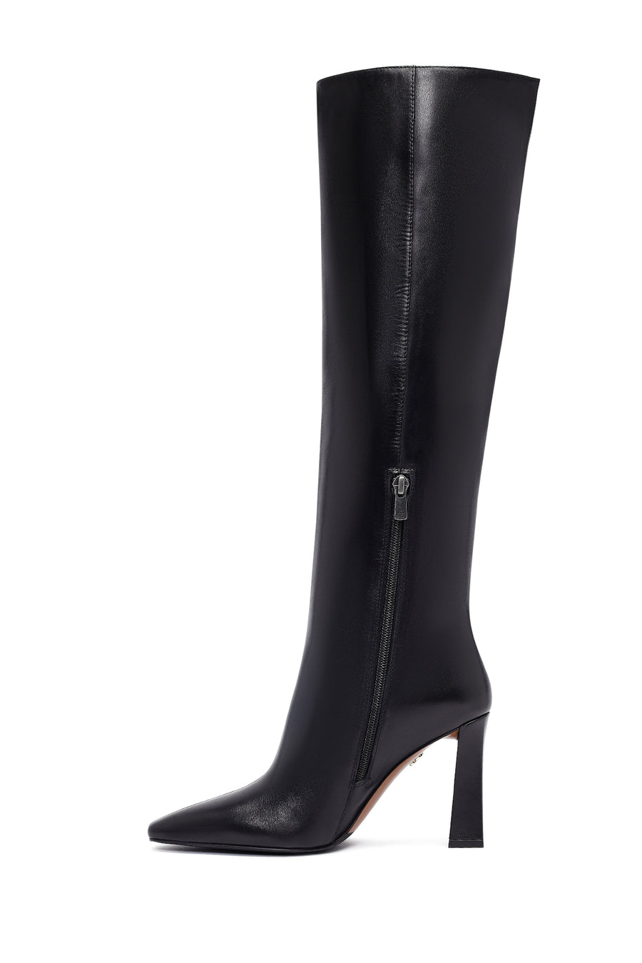 Women's Black Zippered High Thick Heel Leather Boot