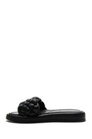 Women's Black Leather Braided Comfort Slippers | Derimod