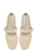 Women's Fabric Ballet Flats with Gold Buckle and Rhinestones | Derimod
