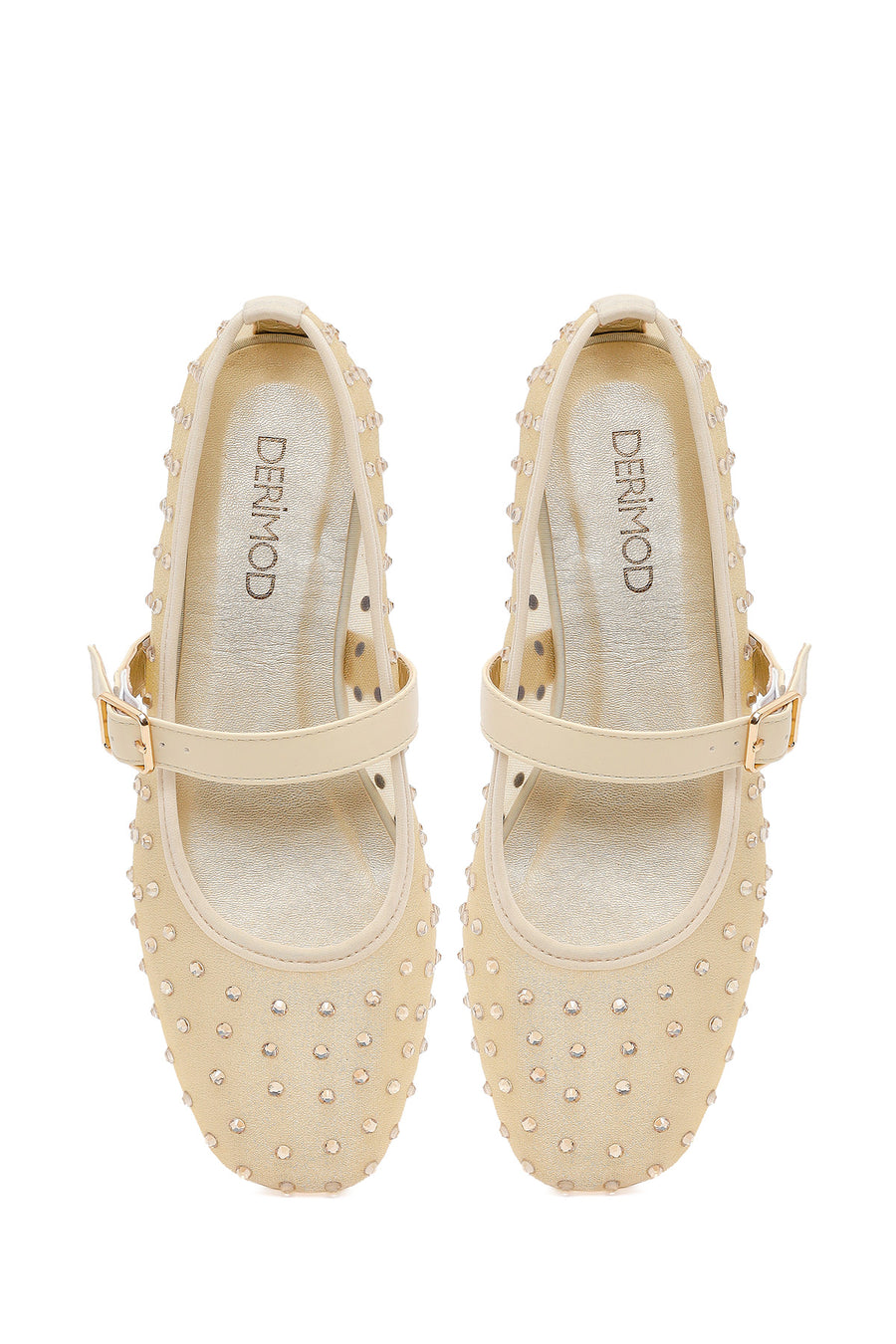 Women's Fabric Ballet Flats with Gold Buckle and Rhinestones
