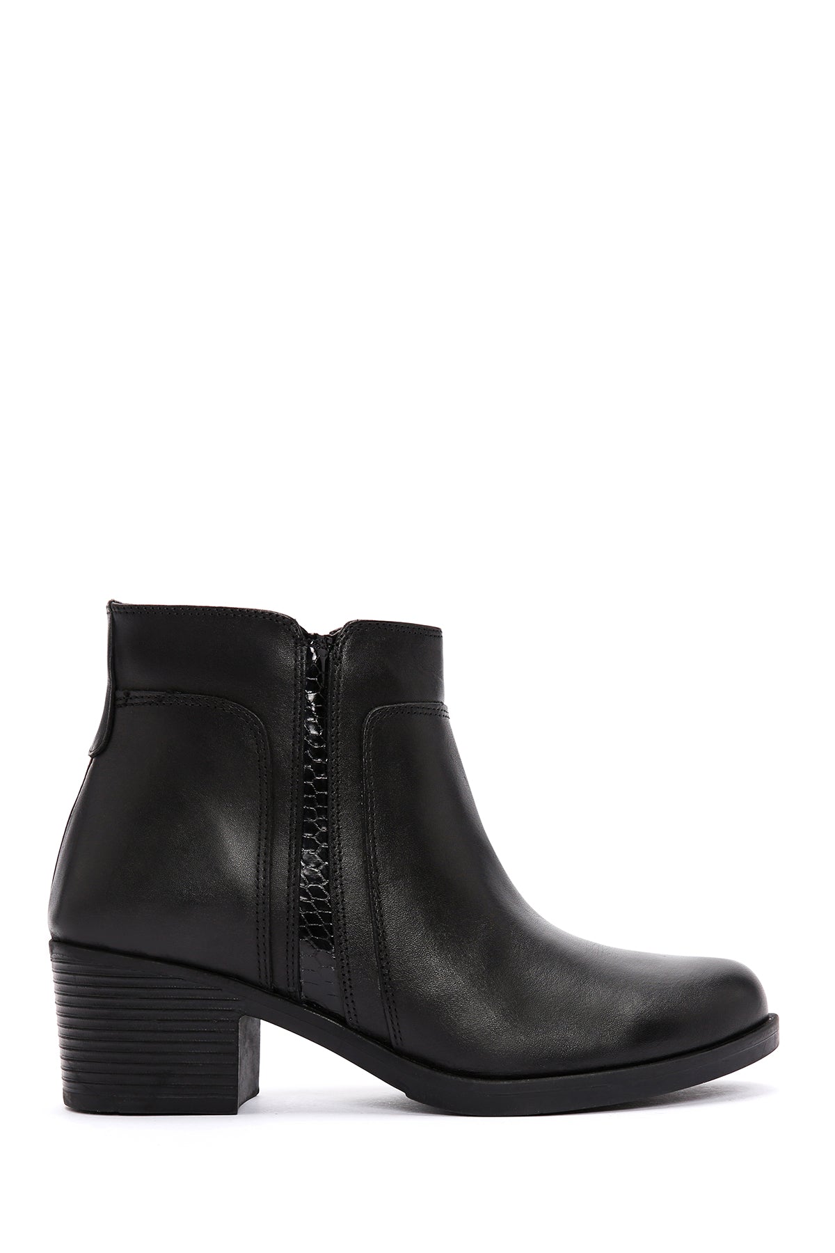 Women's Black Zippered Thick Heeled Leather Boots 23WFD414118 | Derimod