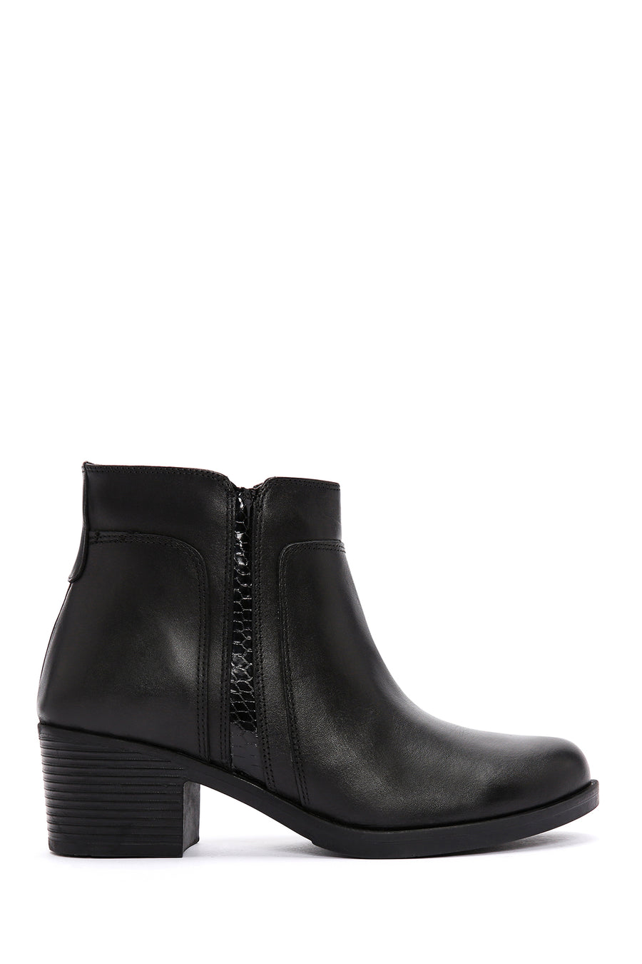 Women's Black Zippered Thick Heeled Leather Boots 23WFD414118 | Derimod