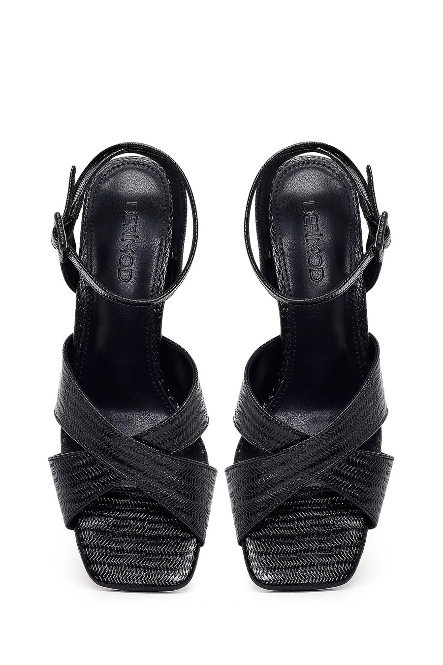 Woman Black Ankle-Buckle Printed Block-Heel Sandals
