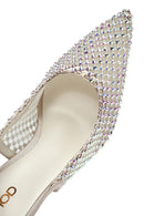 Women's Beige Stoned Open Back Thin Heeled Leather Shoes | Derimod