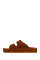 Woman Tan Double-Buckle Thick-Soled Suede Slipper | Derimod