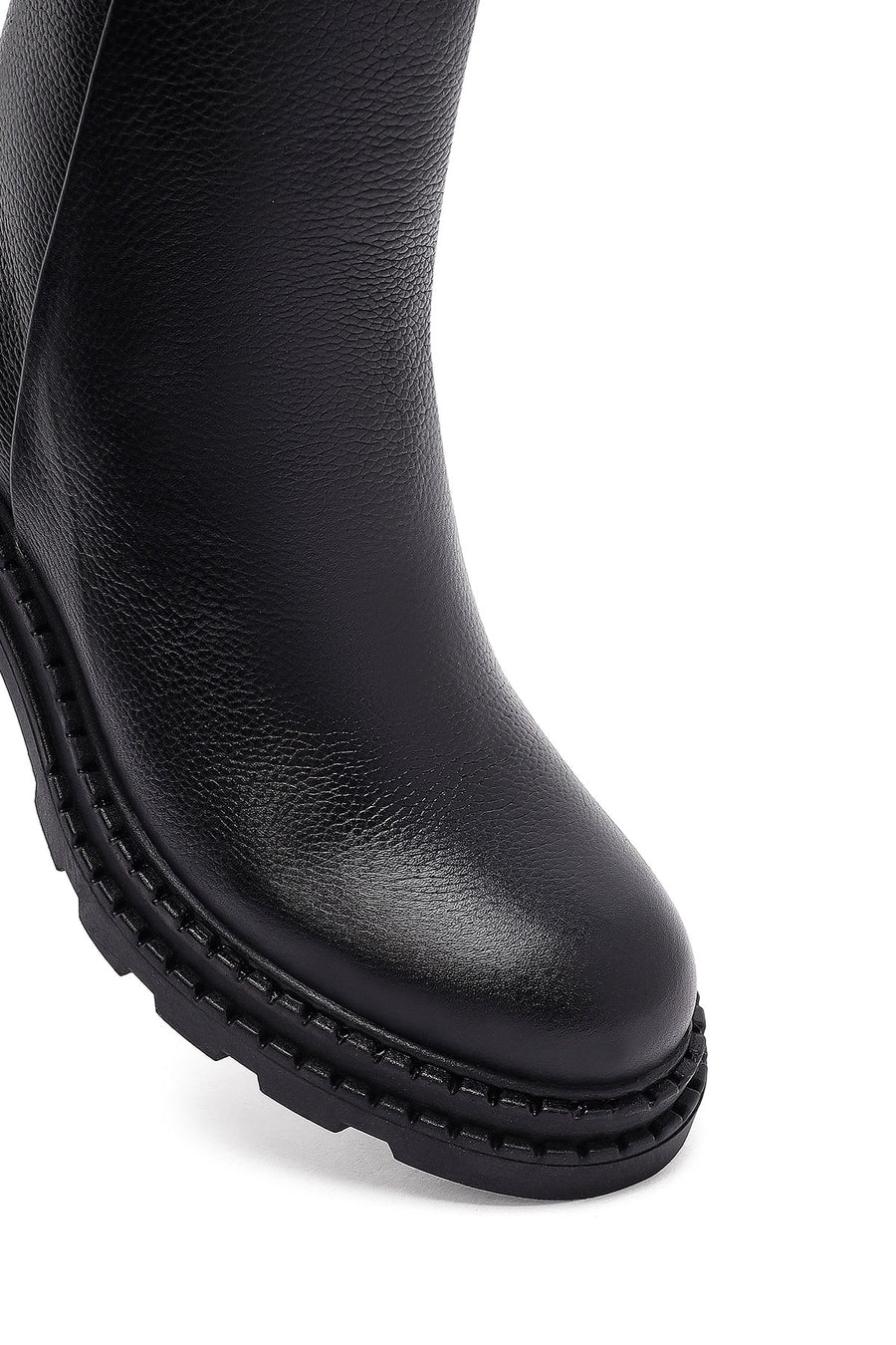 Woman Black Zip Closure Platform Thick-heeled Leather Boots