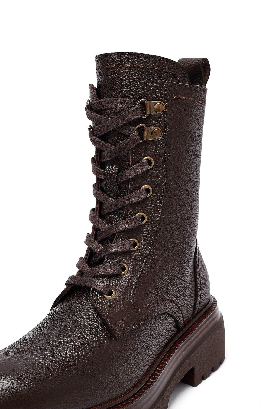 Woman Brown Zip Closure Lace-Up Leather Combat Boots