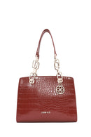 Women's Claret Red Long Strap Crocodile Patterned Classic Shoulder Bag | Derimod