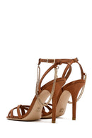 Women's Bronze Ankle Strap Chain Detail Satin Leather Thin High Heel Sandals | Derimod