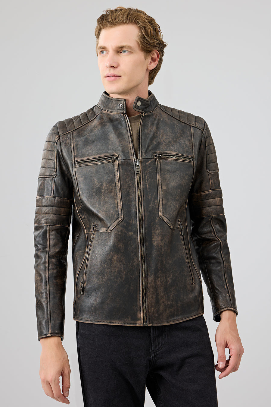 Morant Men's Brown Vintage Slim-Fit Leather Jacket 24WGF6554G6 | Derimod