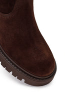 Woman Brown Zip Closure Chunky-Heeled Suede Leather Boots | Derimod