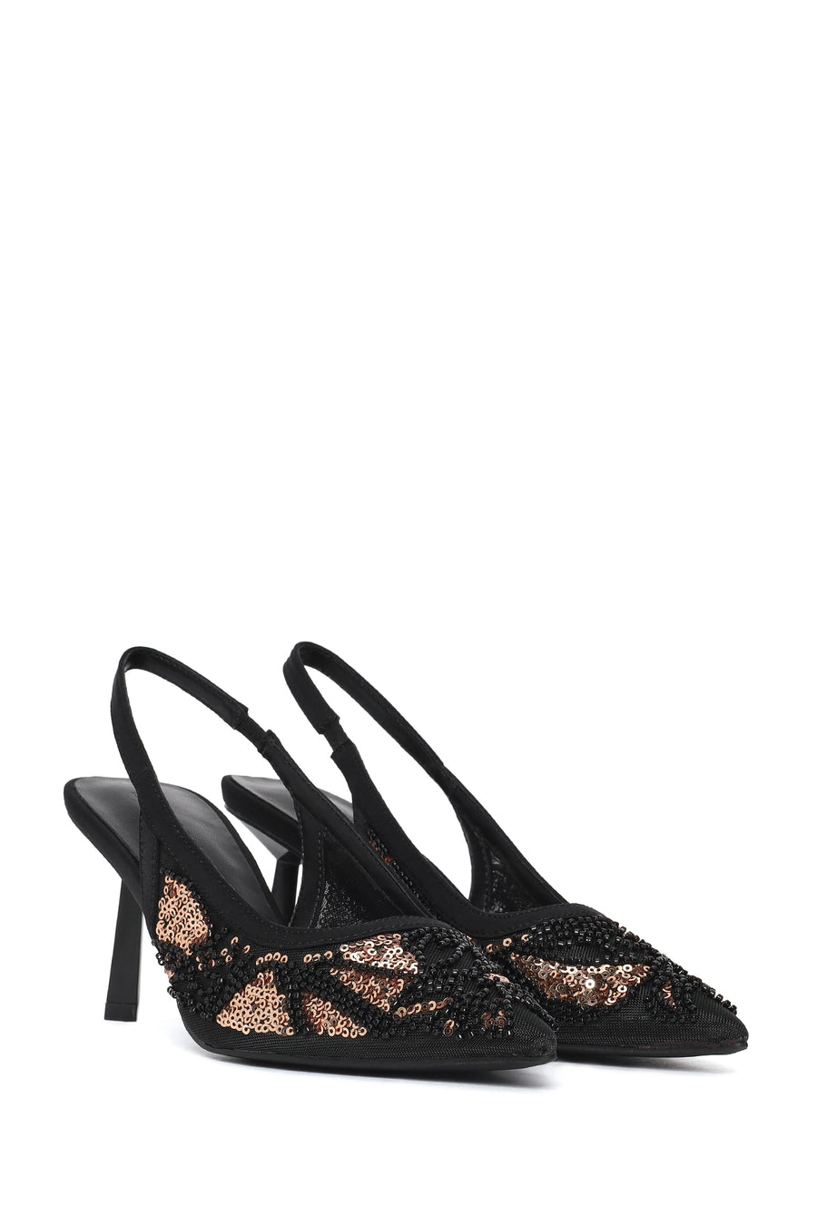 Woman Black Backless Sequin-Patterned Stiletto-Heel Shoes