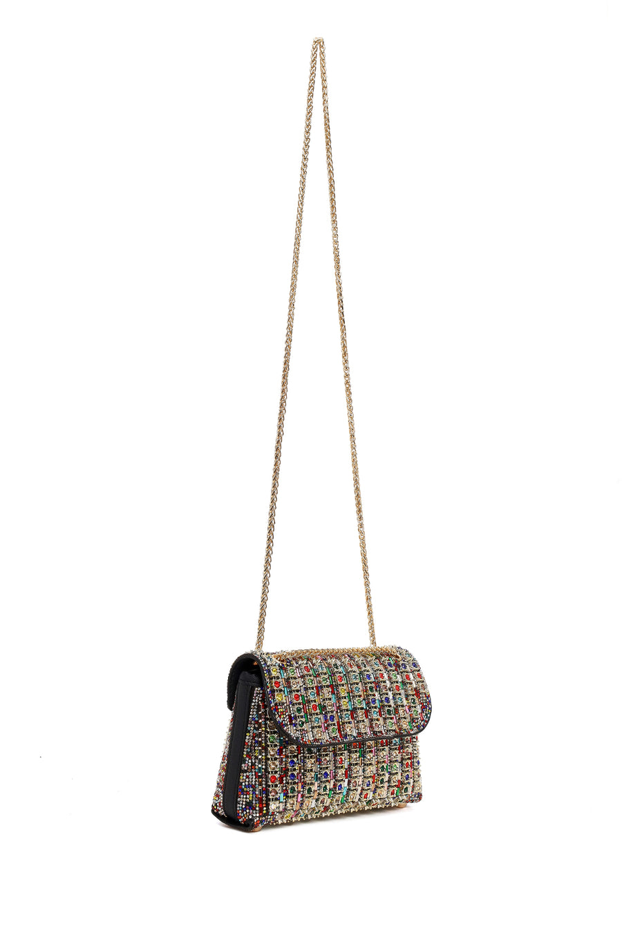 Woman Multicolored Long Chain Strap Rhinestone Evening Shoulder Bag