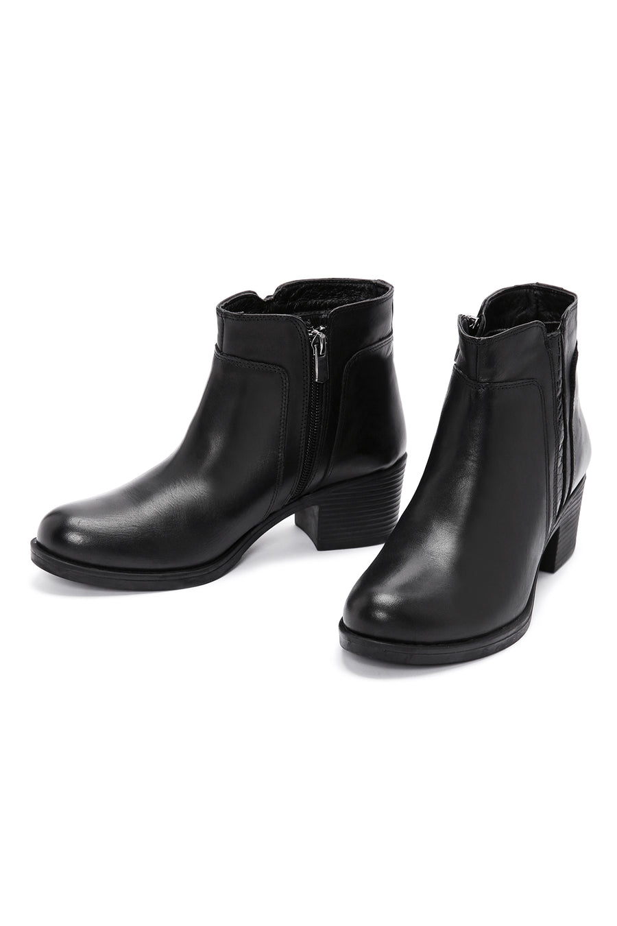 Women's Black Zippered Thick Heeled Leather Boots