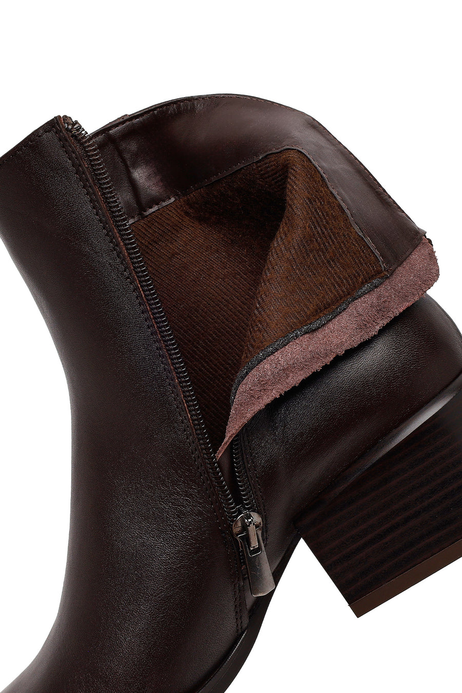 Woman Brown Zip Closure Short Thick-Heeled Leather Cowboy Boots