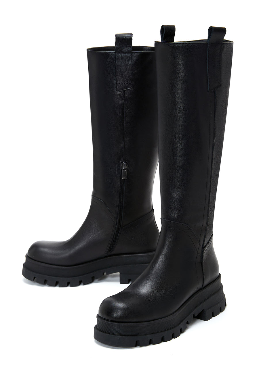 Women's Black Leather Zippered Thick Soled Boots