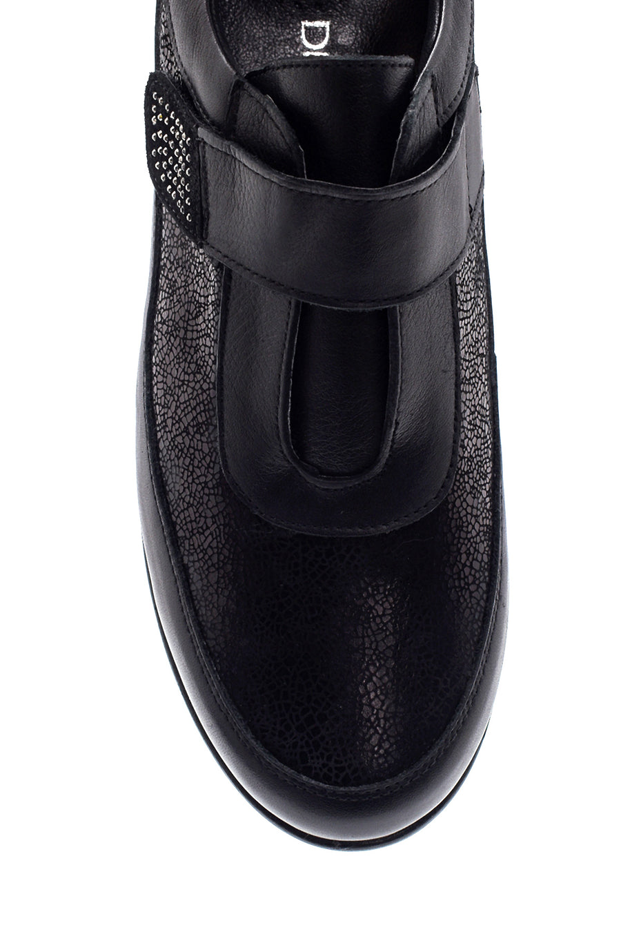 Women's Black Leather Stone Wedge Heeled Comfort Shoes