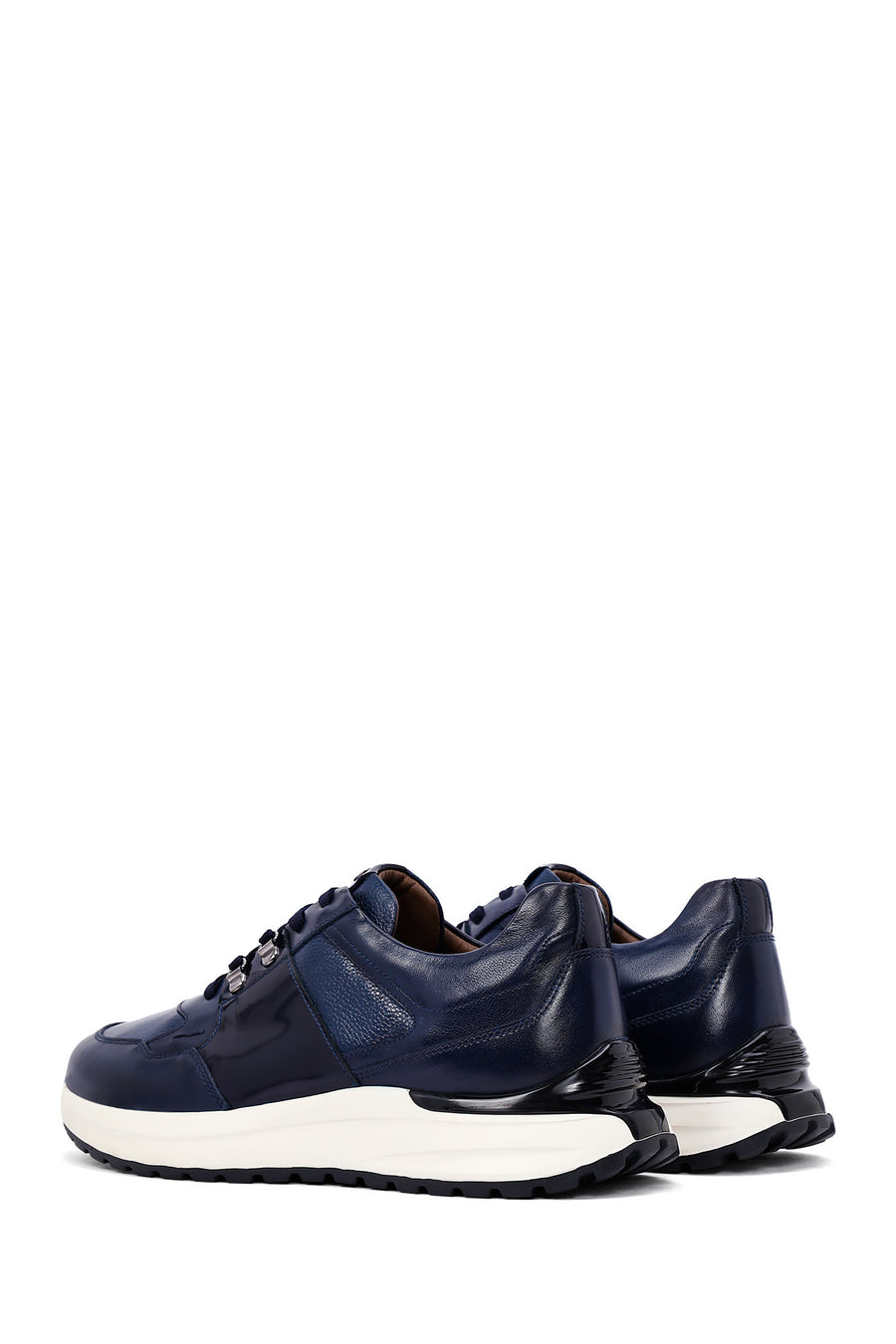 Men's Navy Blue Lace-Up Thick-Soled Leather Casual Sneakers