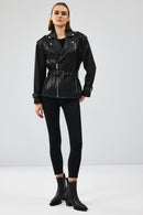 Zendaya Women's Black Belt Detailed Biker Leather Jacket | Derimod