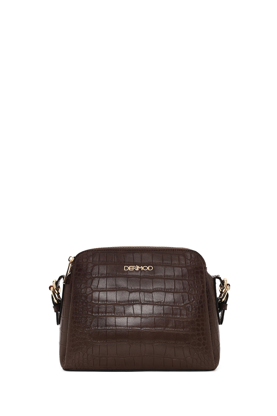 Woman Brown Long-Strap Crocodile Pattern Crossbody Bag