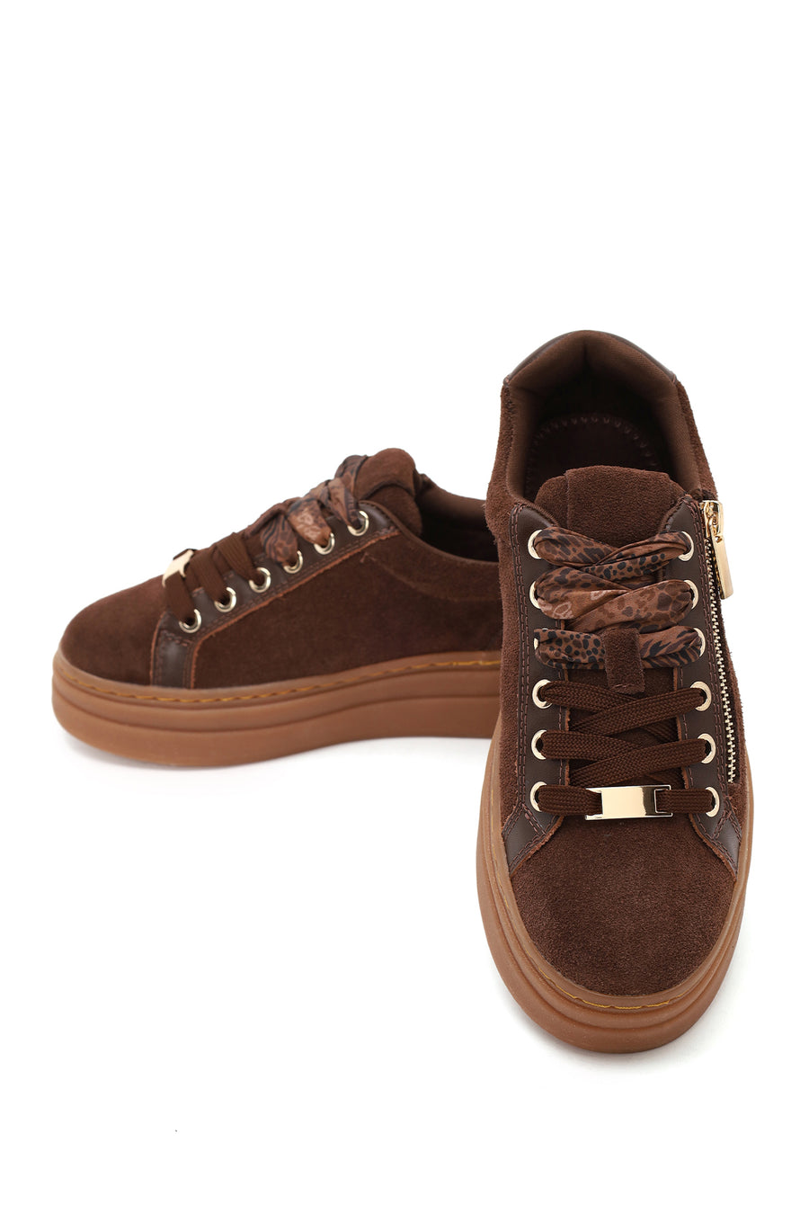 Woman Brown Lace-Up Thick-Soled Suede Leather Sneaker