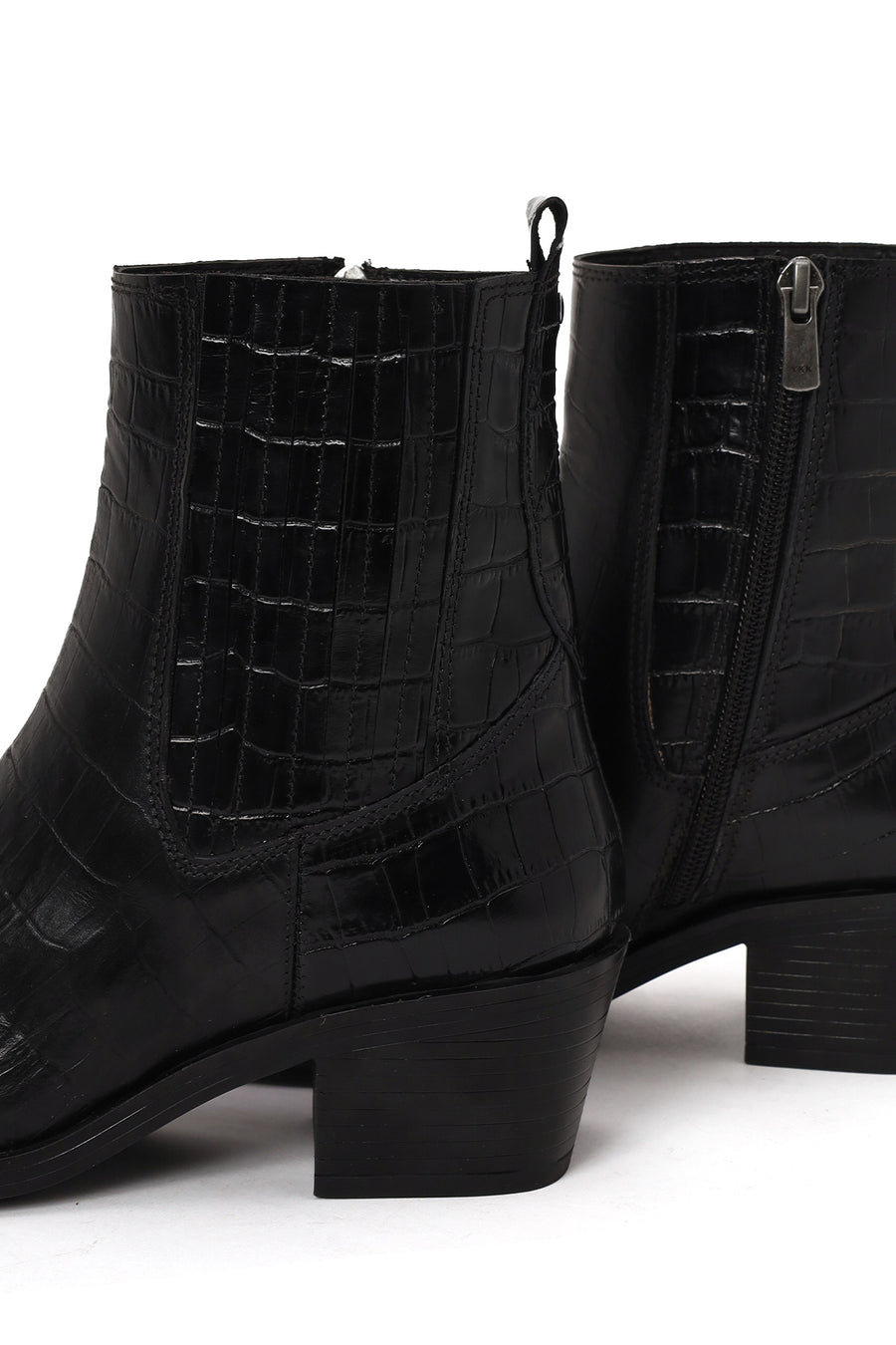 Woman Black Thick-Heel Croc-Embossed Leather Cowboy Boots