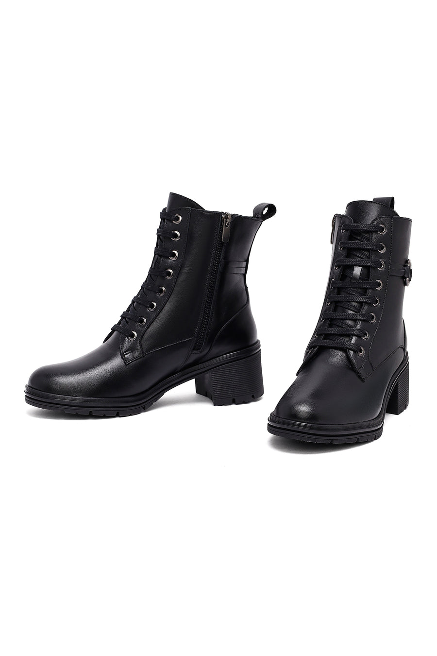 Woman Black Zippered Chunky Heels Leather Boat