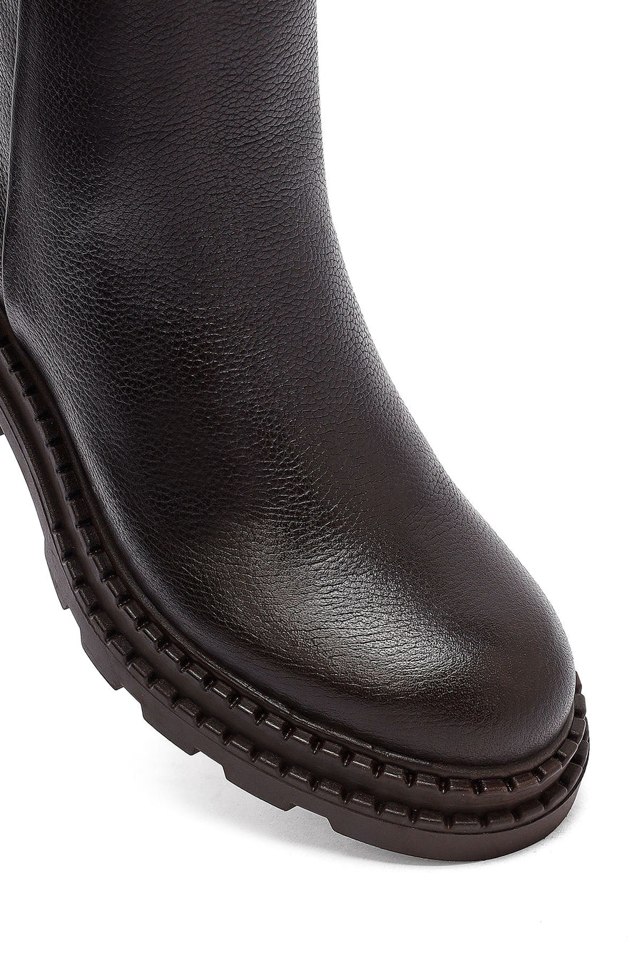 Woman Brown Zip Closure Platform Thick-Heeled Leather Boots