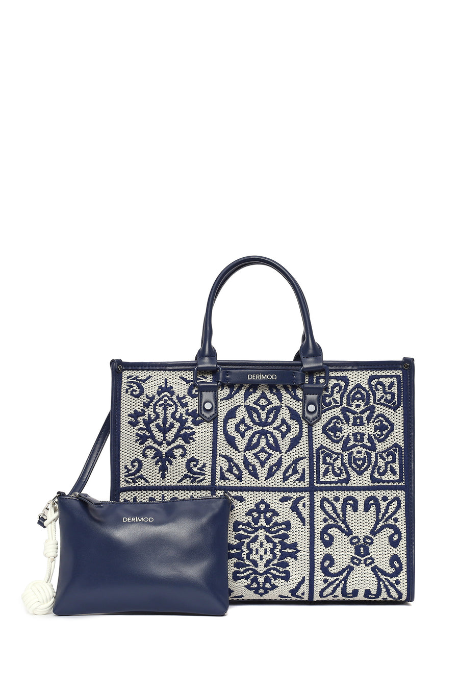 Woman Navy Patterned Fabric Long-Strap Shoulder Bag
