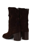 Woman Brown Thick-Heeled Patterned Suede Cowboy Boots | Derimod