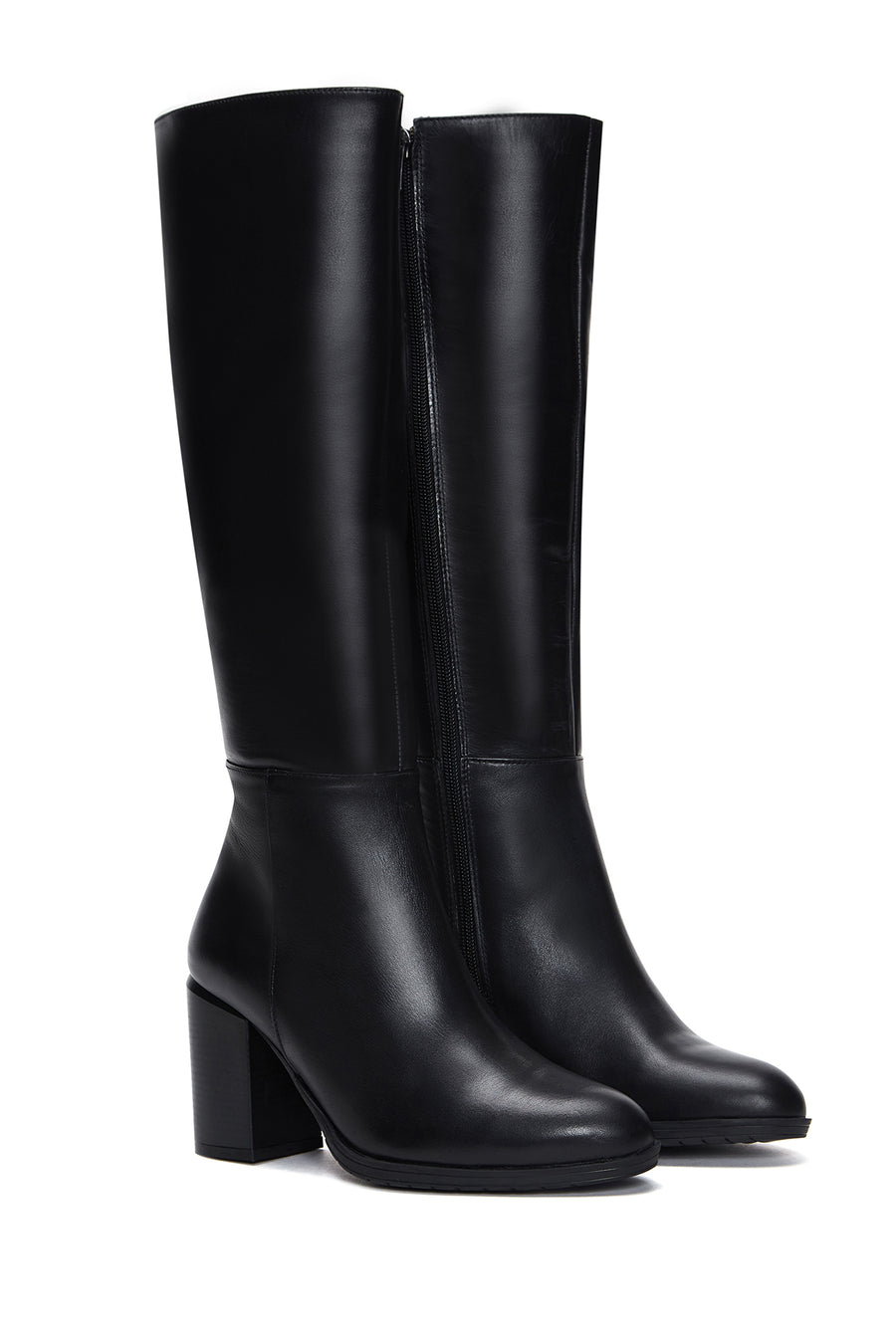 Women's Black Leather Zippered Heeled Boots