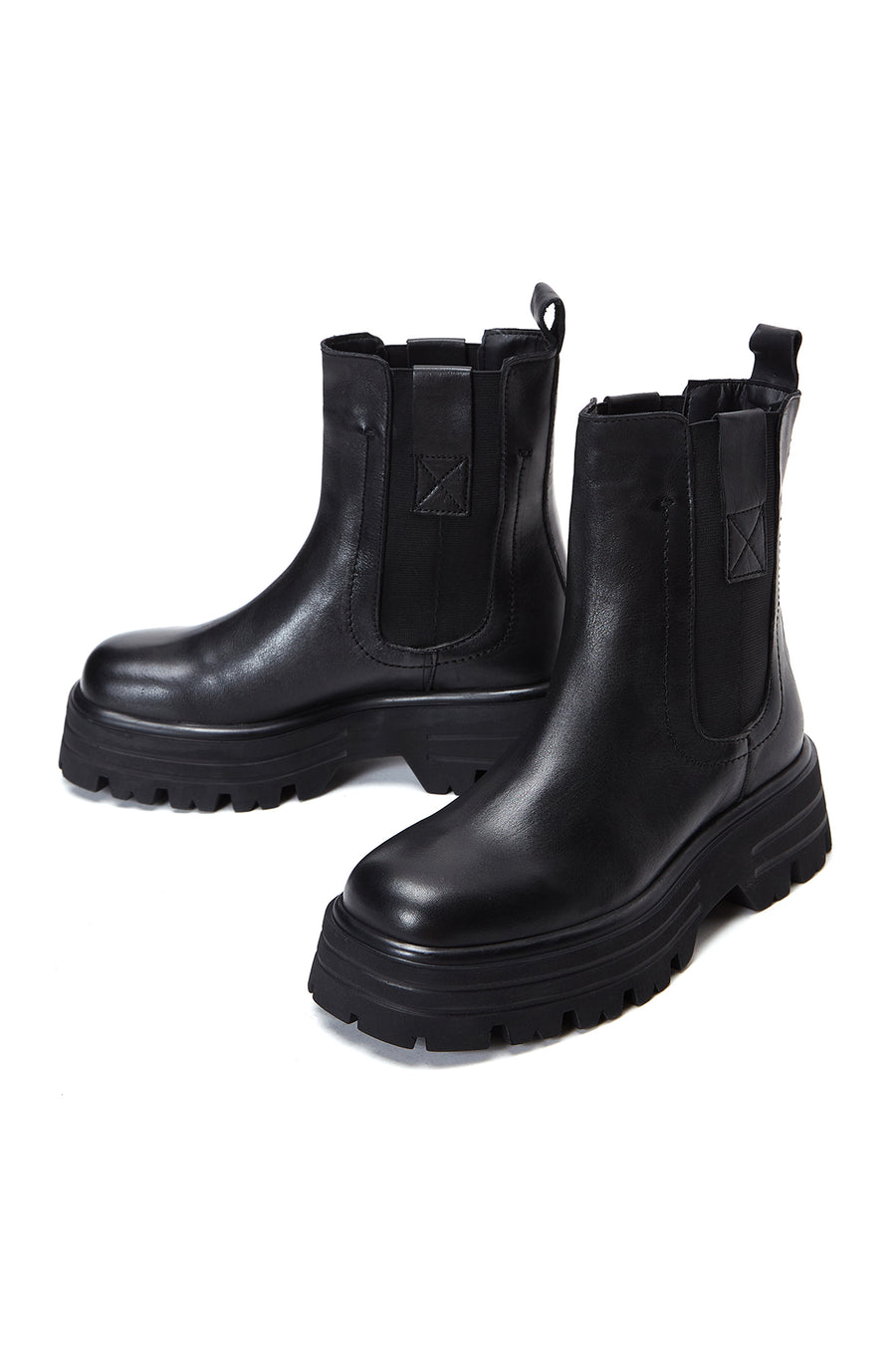 Women's Black Thick Soled Chelsea Leather Flat Boots