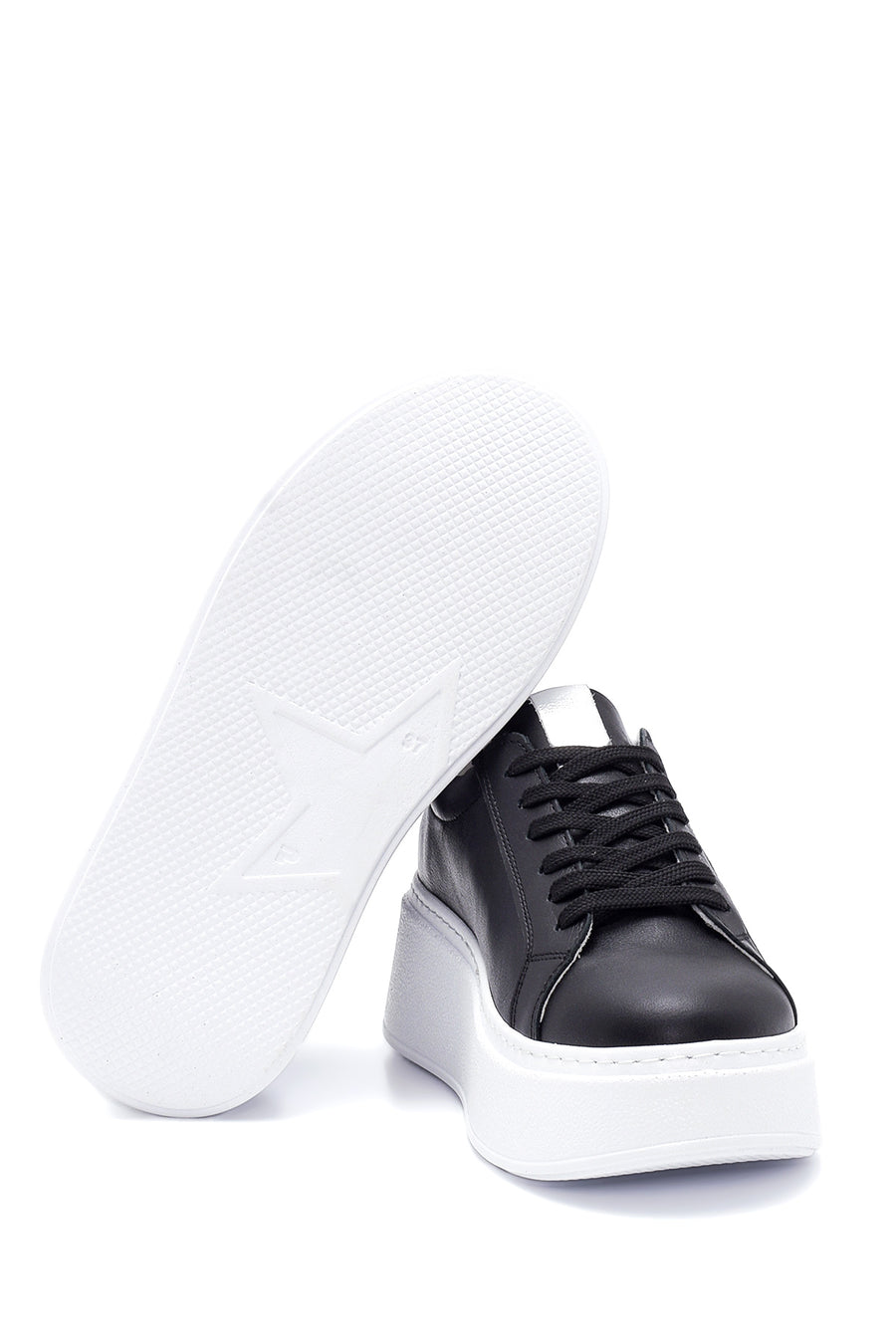 Women's Black Leather Thick Soled Sneaker
