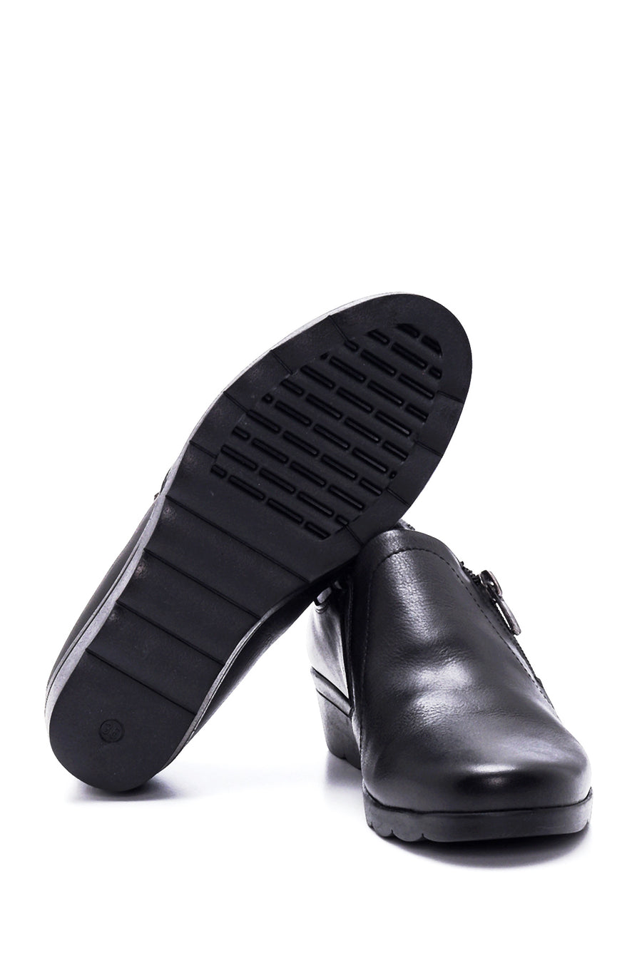 Women's Black Leather Wedge Heeled Comfort Shoes