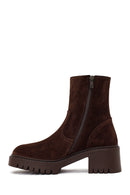 Woman Brown Zip Closure Chunky-Heeled Suede Leather Boots | Derimod