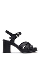 Women's Black Ankle Buckle Thick Heel Leather Sandals | Derimod